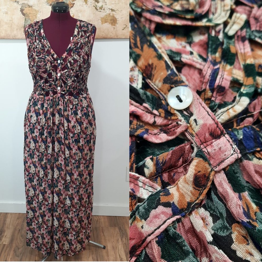 Vtg 90s crinkle maxi dress w/ floral lattice -
